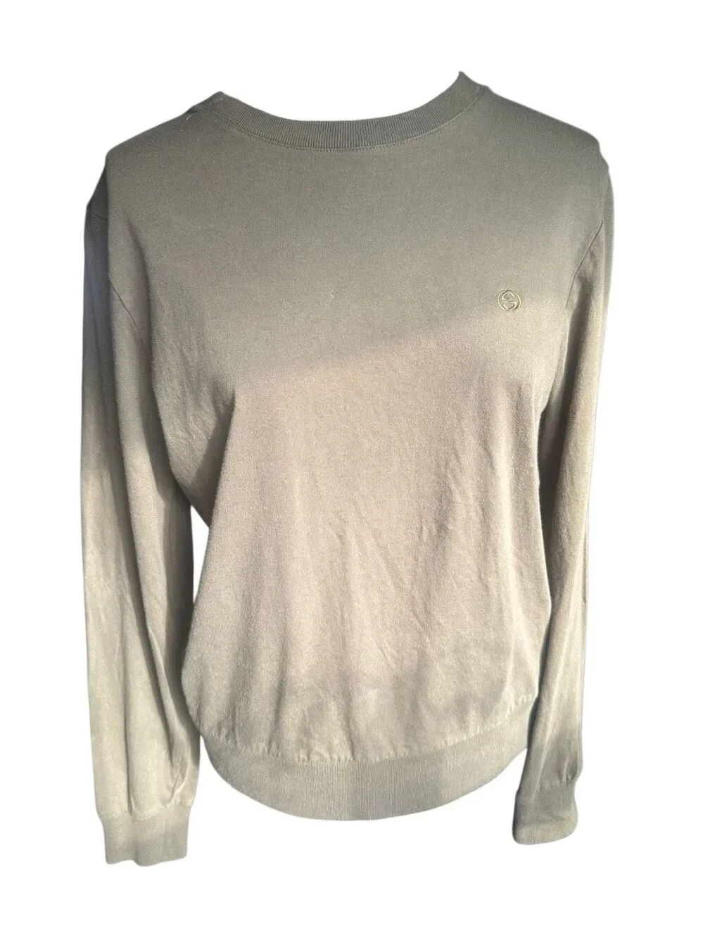 Gucci Embroidered Interlocking GG Crest Logo Long Sleeve Cotton Tee Shirt Khaki
